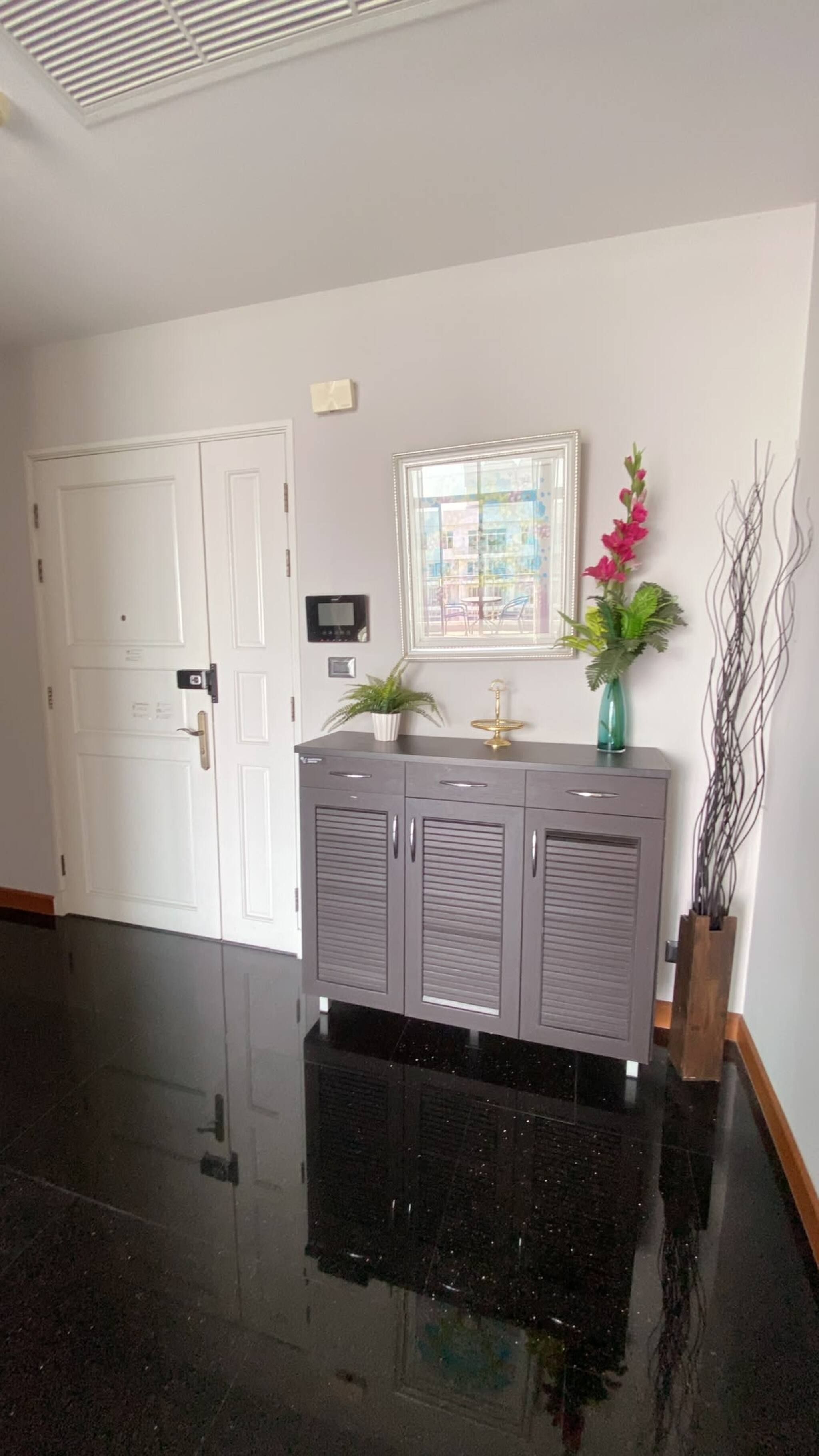 A hallway with a black tiled floor, a grey cabinet with a small plant, a framed picture on the wall, and a white door.