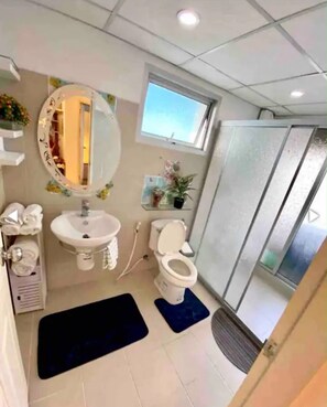 Un bagno con lavandino, servizi igienici e zona doccia.