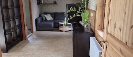 Una habitación con sofá, televisión, radiador y un mueble de madera.