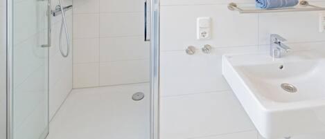 A modern bathroom with a glass-enclosed shower, a white sink, and a mirror above the sink.