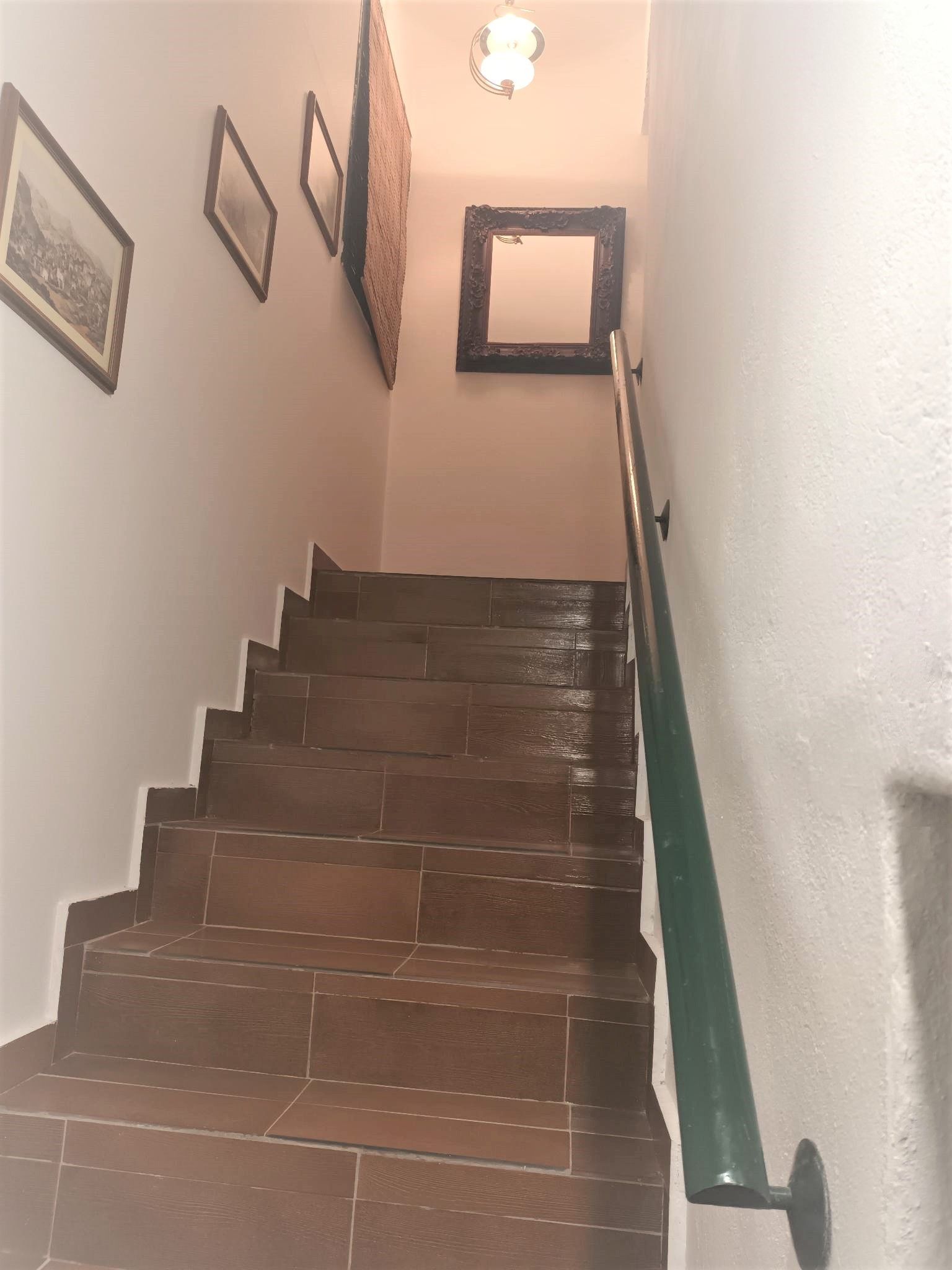 A staircase with dark wooden steps and a green handrail.