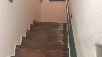 A staircase with dark wooden steps and a green handrail.
