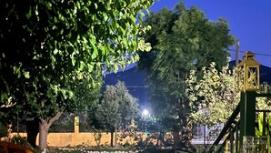 Un espacio al aire libre con mesas y sillas, césped y árboles.