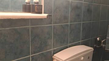 A bathroom with a toilet, sink, and shower area.