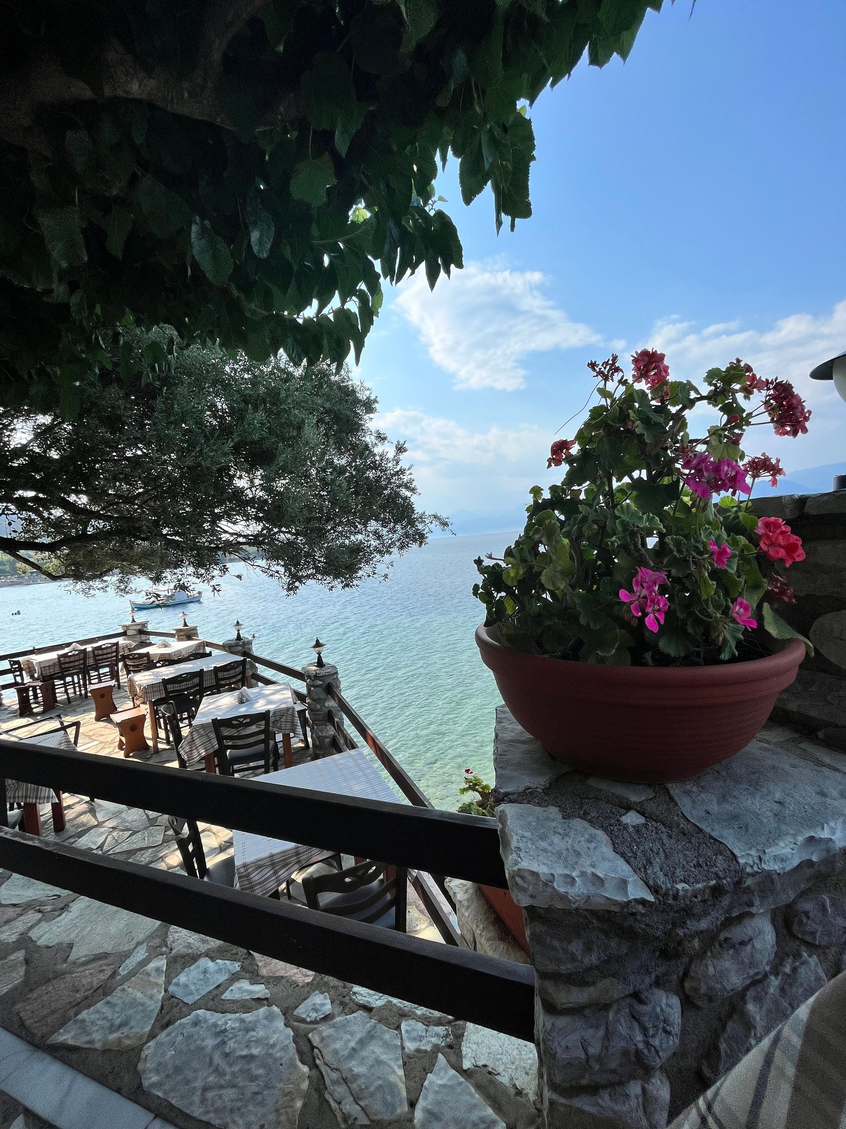 A terrace with stone flooring, a potted plant with pink flowers, and a view of the sea.