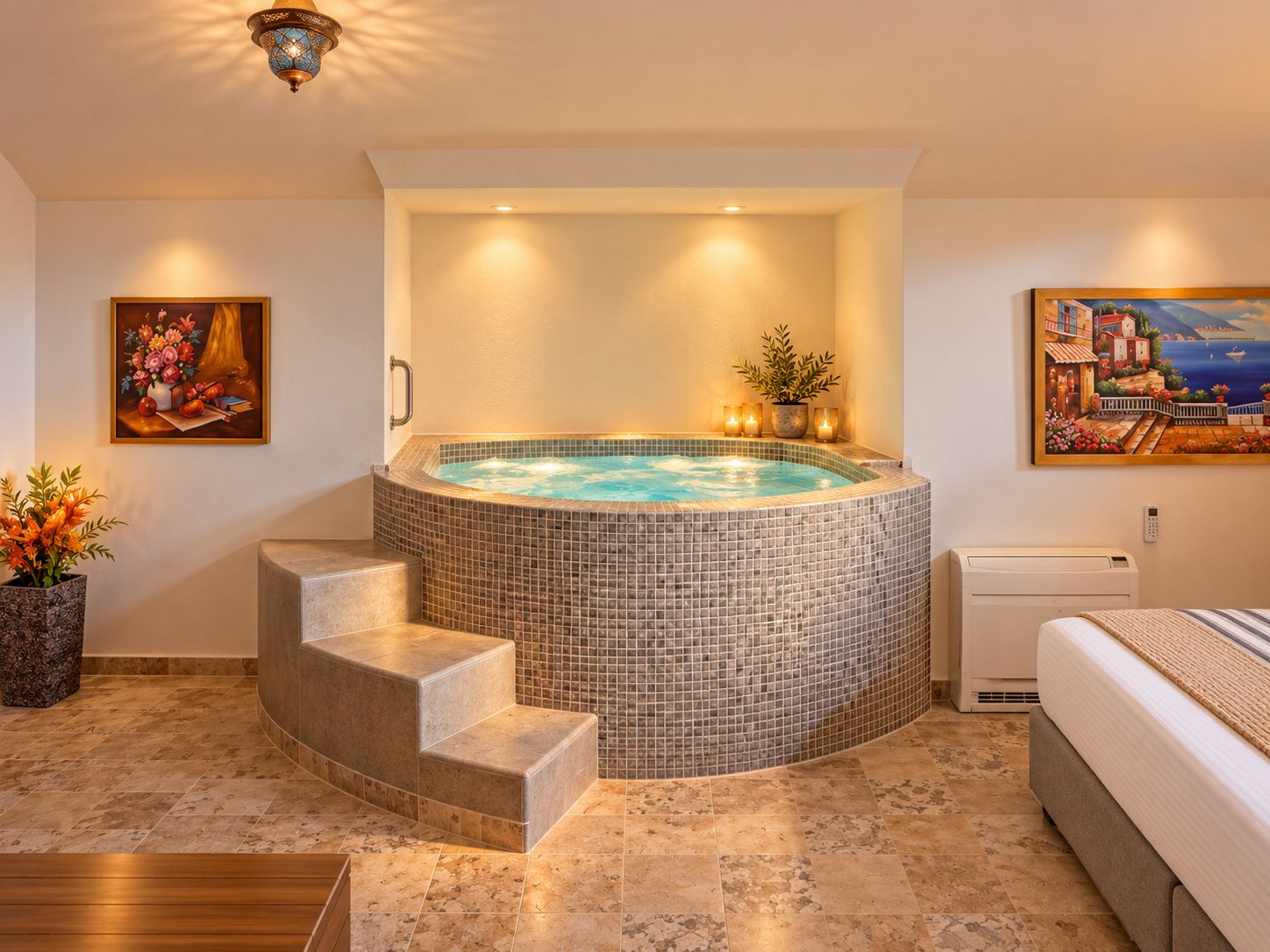 A spa room with a hot tub, a painting, and a potted plant.