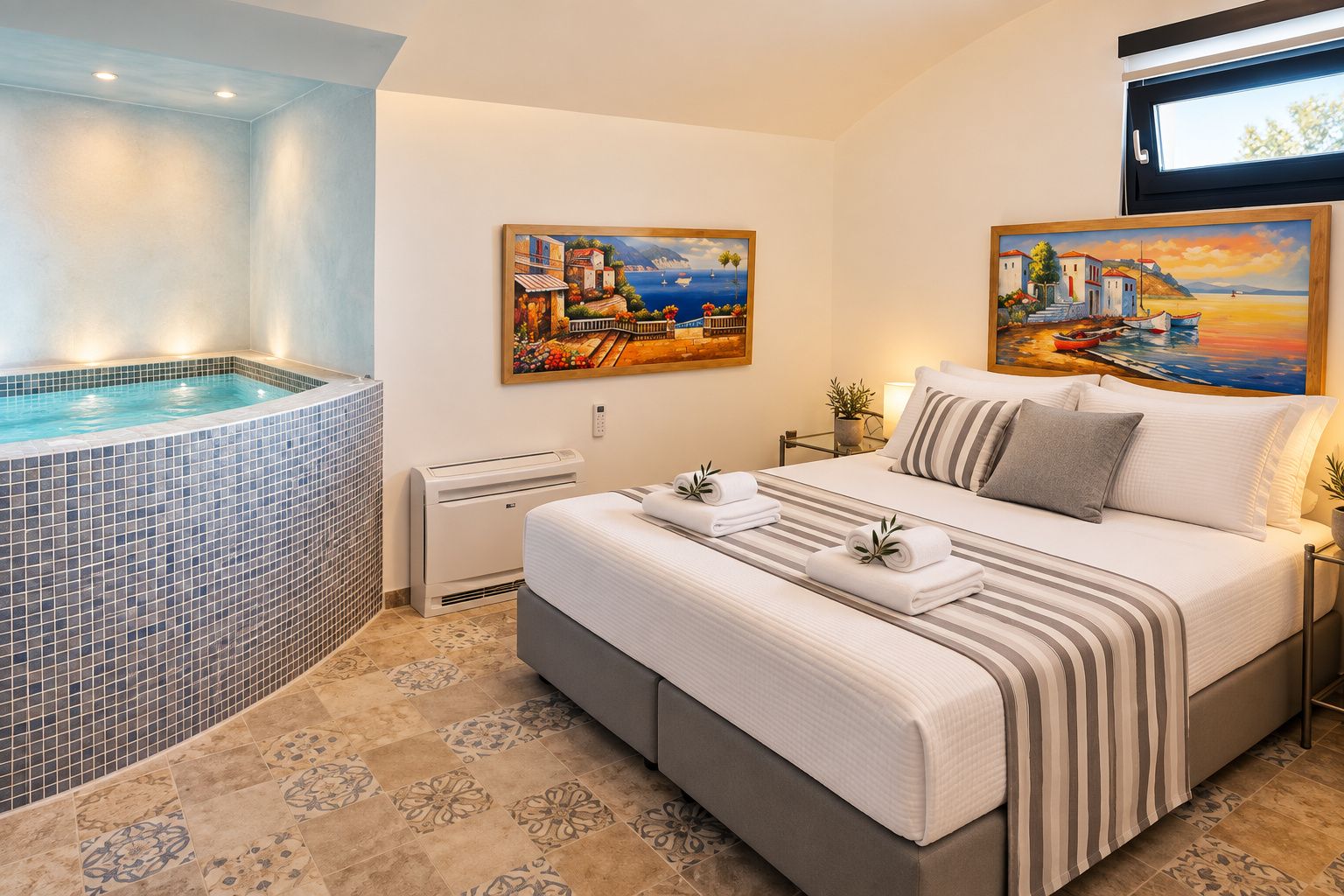 A hotel room with a bed, a bathtub, and two paintings on the wall.