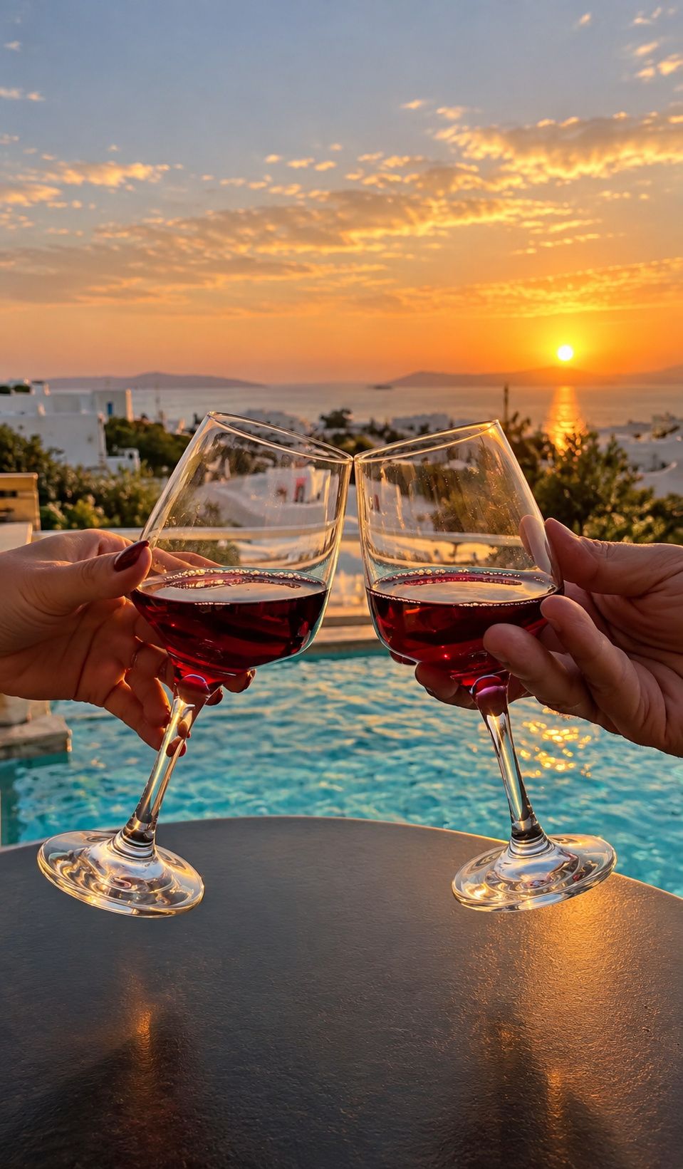 Two hands holding wine glasses with a sunset view over a body of water.