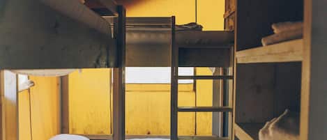 A bunk bed with a ladder, wooden walls, and a window.
