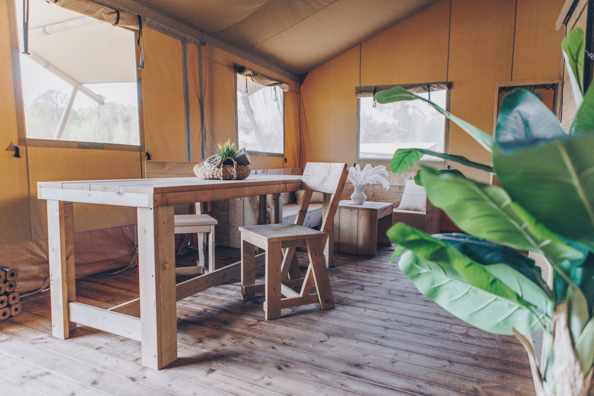 Een houten interieur met een tafel, stoelen en een plant in pot.