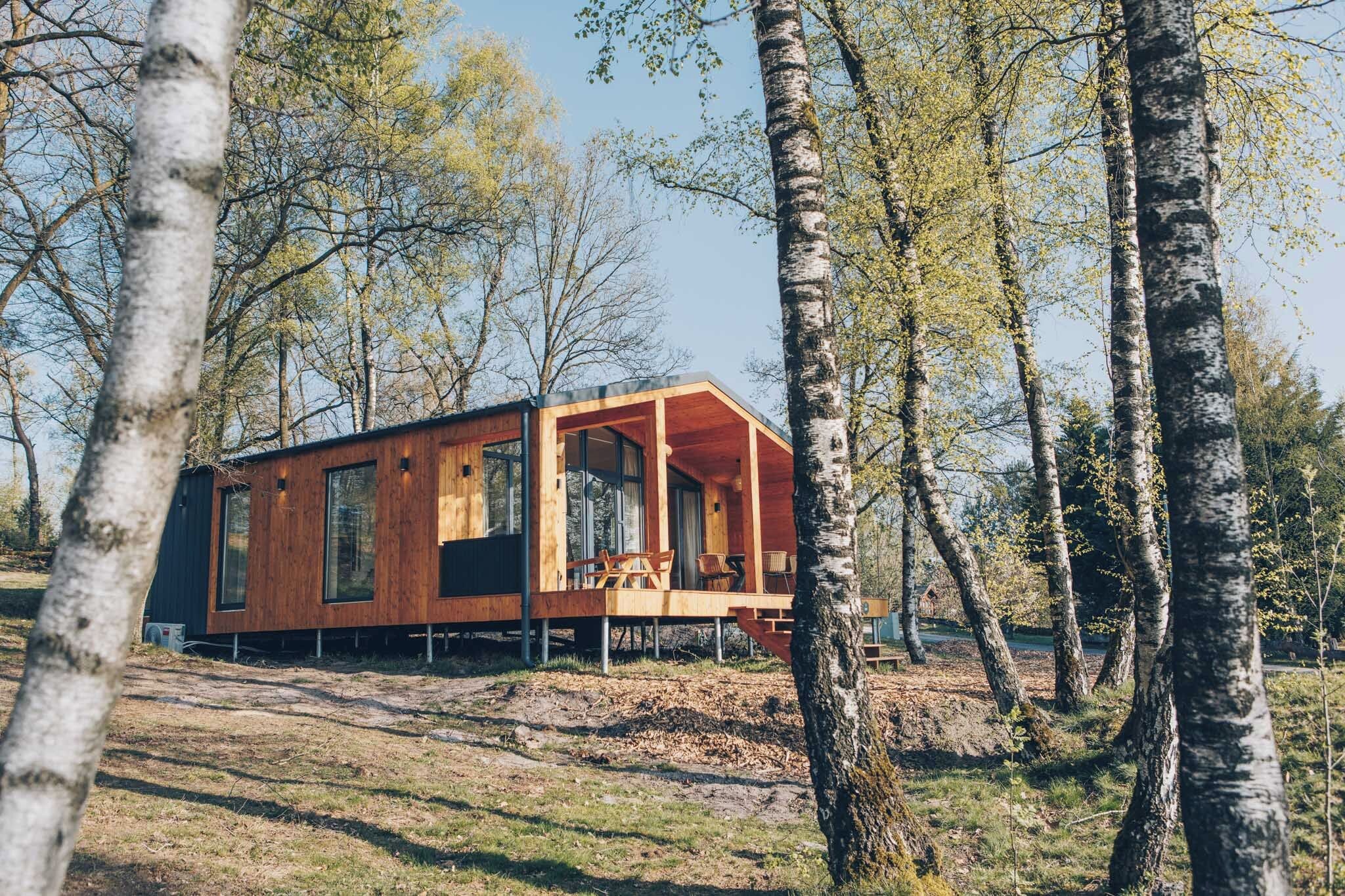 A modern wooden cabin with large windows, a deck, and a natural forest setting.
