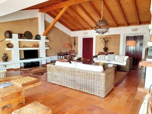 A spacious living area with a high ceiling, a fireplace, a television, and a variety of seating options including a large wicker sofa and a smaller chair. - Naturarte (Odemira)