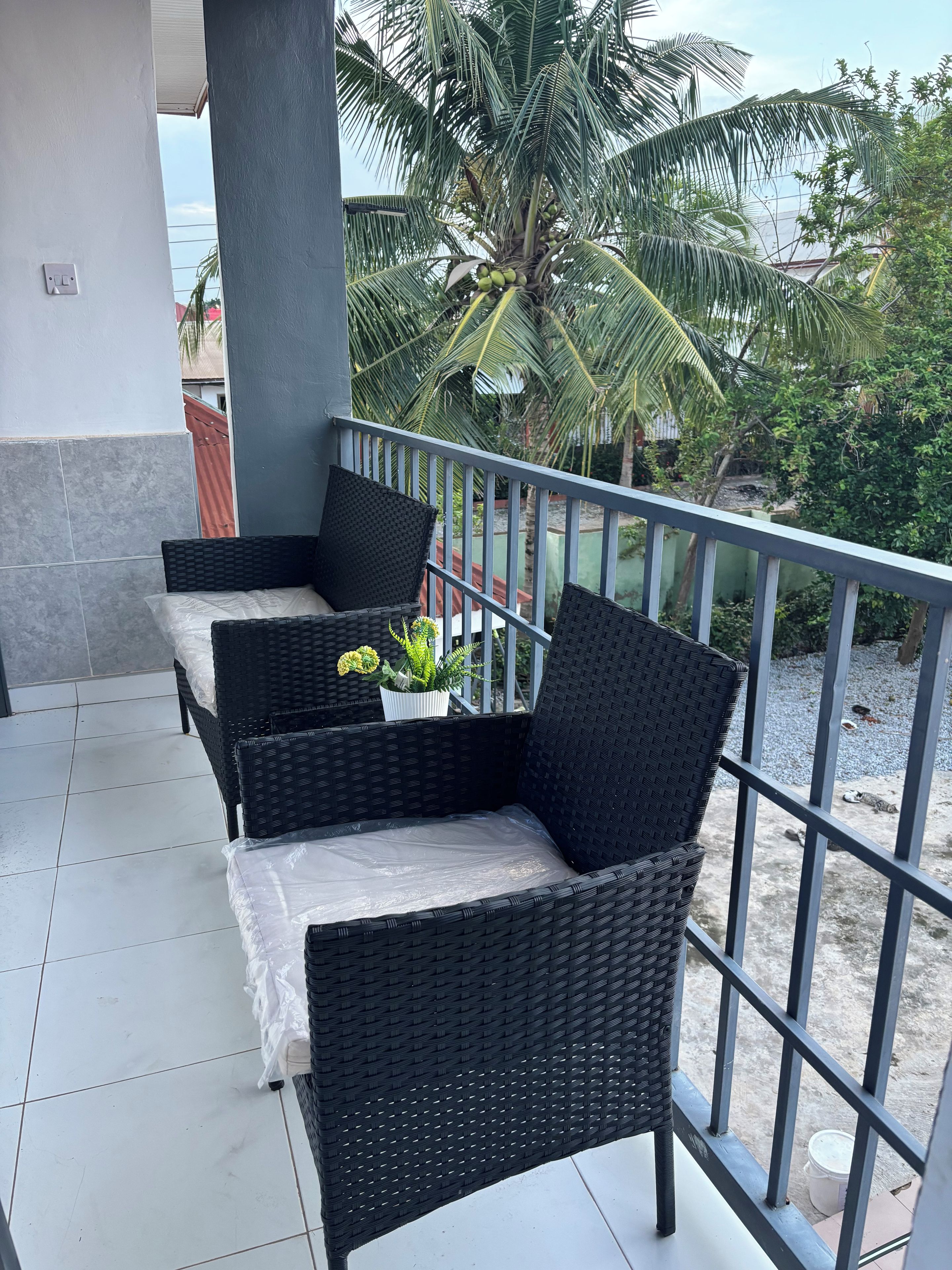 Un balcon agrémenté de meubles en osier, d’une plante en pot et offrant une vue sur des palmiers.