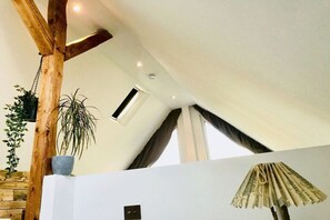 An interior with a sloped ceiling, wooden beams, a potted plant, a wall-mounted air vent, and a fan made from currency notes. - Holiday apartment with 2 bedrooms (Neustadt)