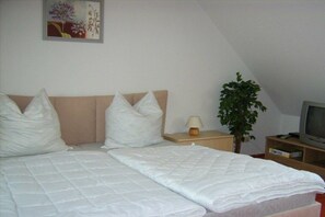 A twin bed with white bedding, a bedside table with a lamp, a television on a stand, and a potted plant. - Holiday home with 2 bedrooms (Blankenburg\/Harz)