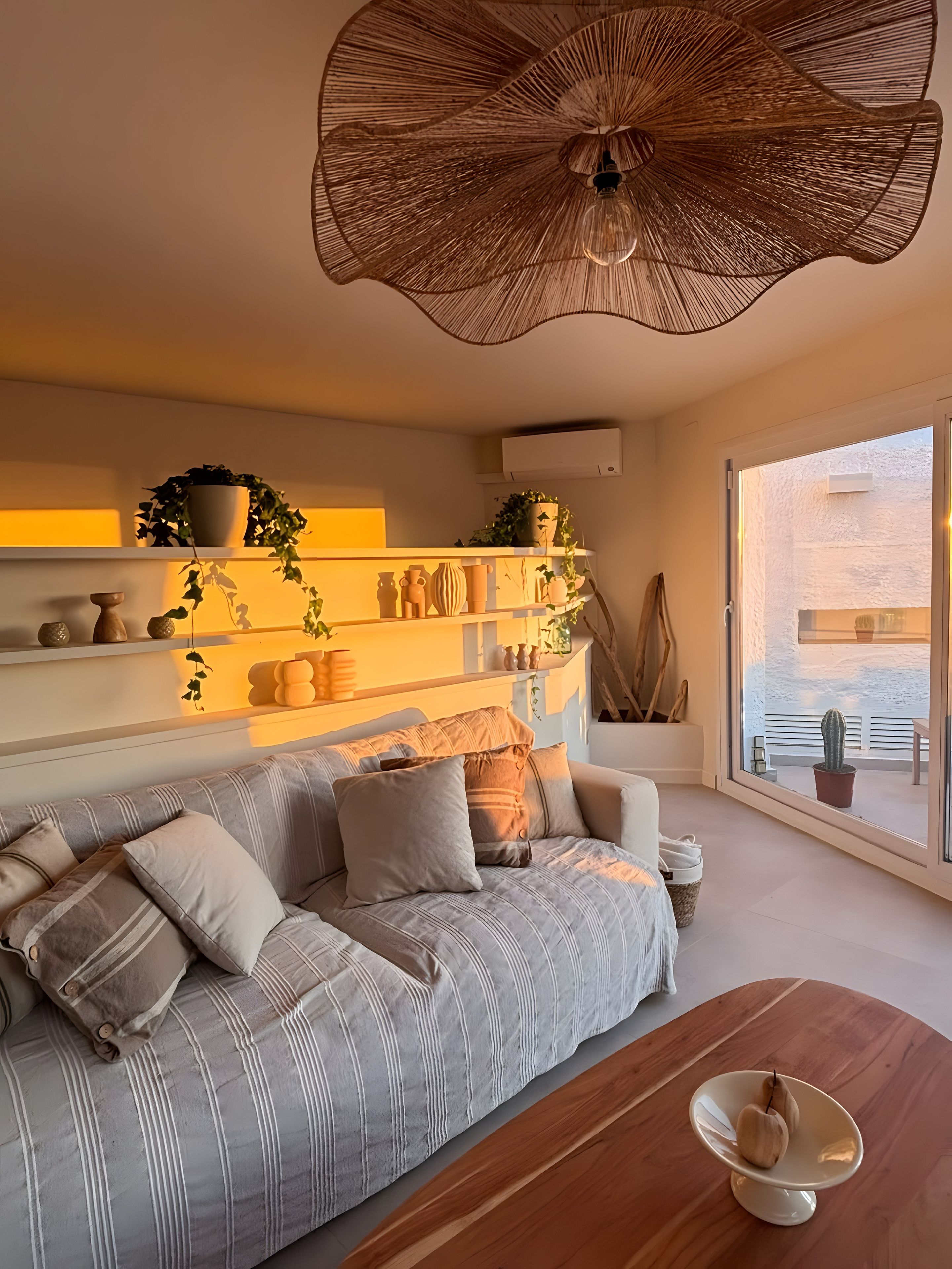 Een moderne woonkamer met een bank, een salontafel en een groot raam.