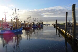 Un puerto tranquilo con varias embarcaciones amarradas, un muelle y cielo despejado.