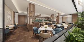 A modern restaurant interior with wooden flooring, multiple dining tables, and chairs. - Fairfield by Marriott Fenghuangshan  (Chengdu)