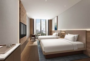 A modern hotel room with two beds, a flat-screen TV, a small table, and a view of the cityscape. - Fairfield by Marriott Fenghuangshan  (Chengdu)
