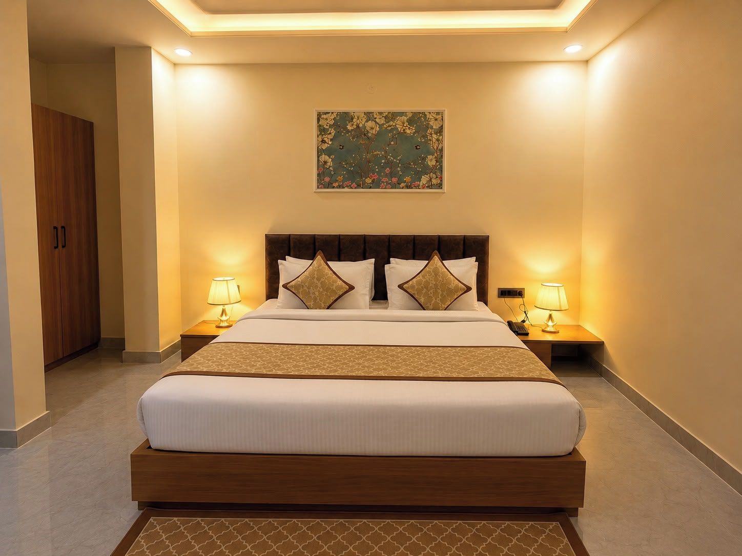 Ein Hotelzimmer mit einem großen Bett, zwei Nachttischen mit Lampen, einem Holzschrank und einem floralen Bild an der Wand.