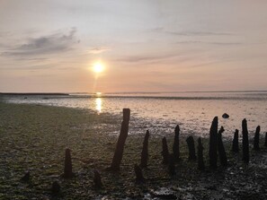 Ein Strand bei Sonnenuntergang, ein Steg in der Ferne und mehrere hölzerne Pfosten im Vordergrund.