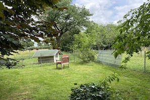 A fenced backyard with a small shed, a wooden chair, and a well-maintained lawn. - Holiday home with 2 bedrooms (Frankenfeld)