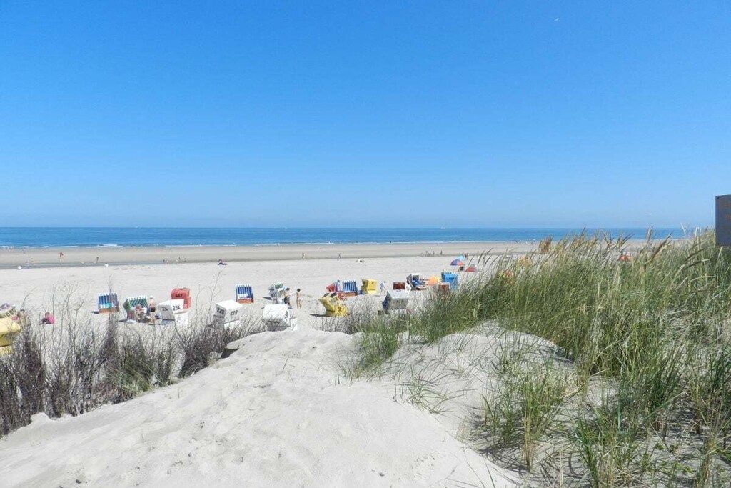 A beach with sand dunes and beach chairs.