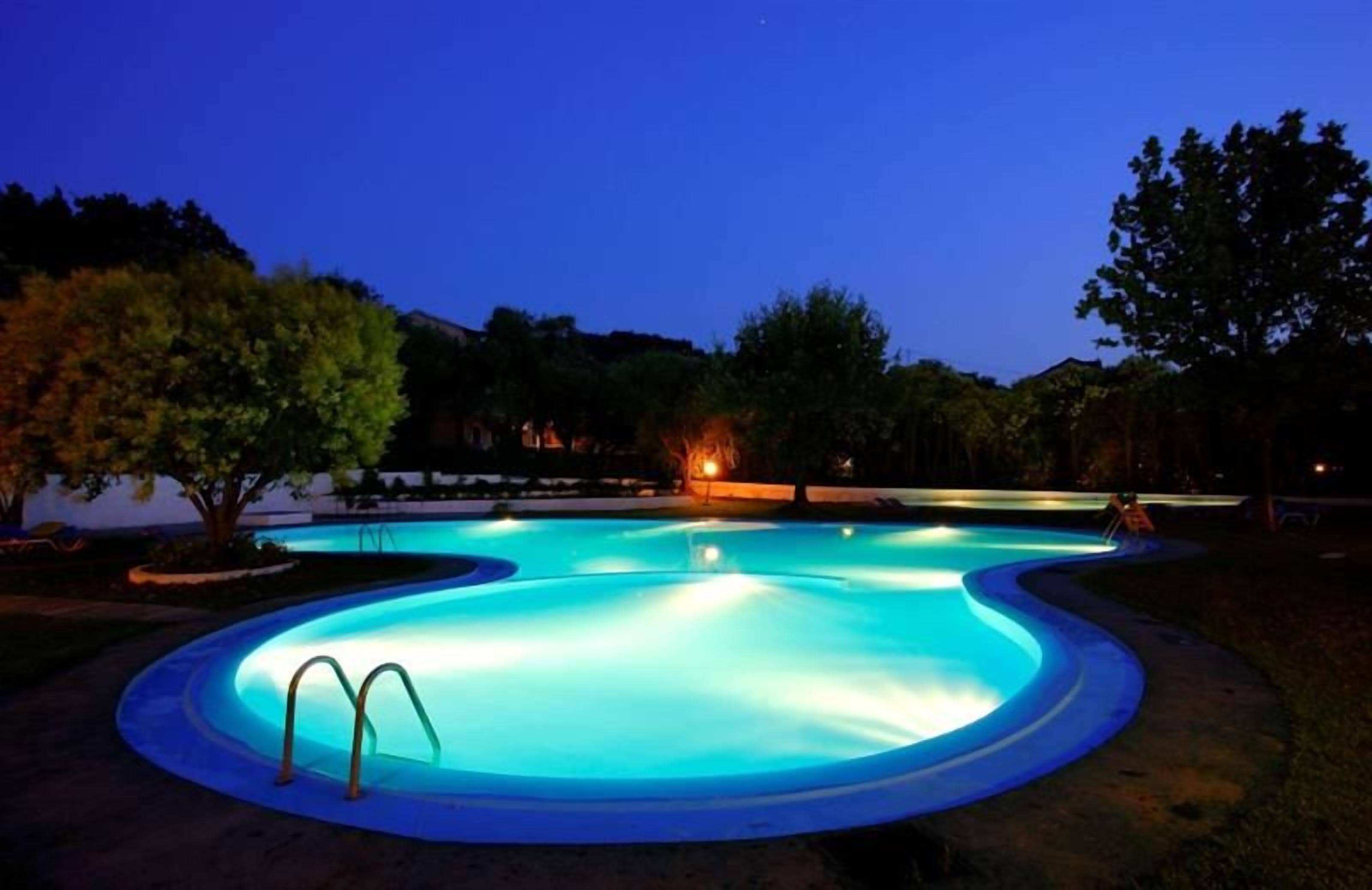 Une piscine au crépuscule, de forme incurvée, entourée d’arbres et avec un petit bâtiment visible au loin.