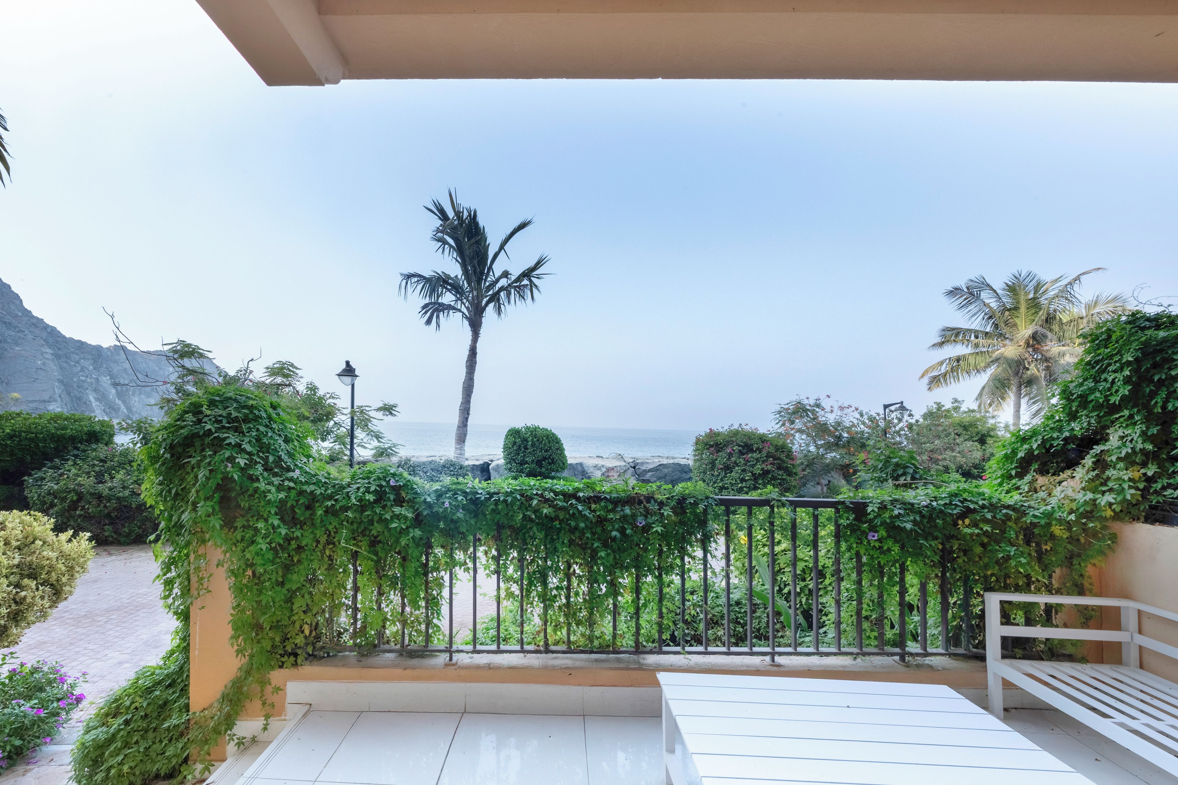 Un balcon avec vue sur la mer, un palmier et un banc.