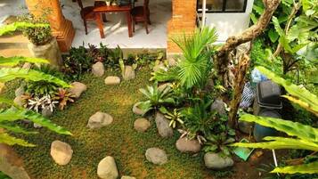 A garden with various plants and rocks, a wooden table, and a chair.