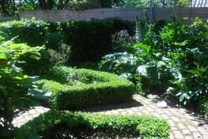 Ein Garten mit einem gepflasterten Weg, verschiedenen Pflanzen und einem Holzzaun im Hintergrund.