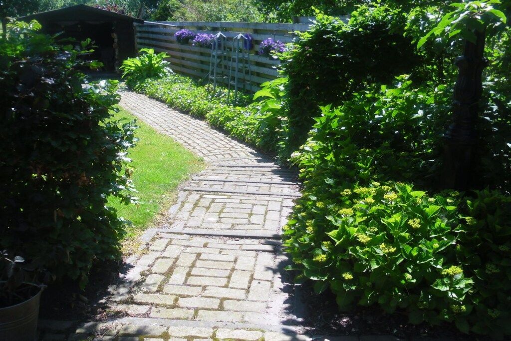 Ein steiniger Weg schlängelt sich durch einen Garten mit üppigem Grün und einer Holzhütte im Hintergrund.