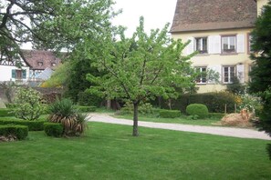 A residential property with a well-maintained lawn, a pathway, and a variety of trees and shrubs. - Holiday apartment with 1 bedroom (ANDLAU)