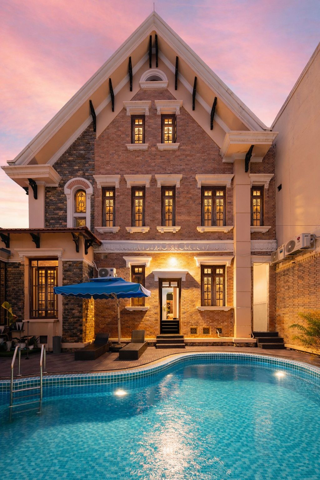 Un gran edificio con piscina frente a él, con fachada de ladrillo y numerosas ventanas.