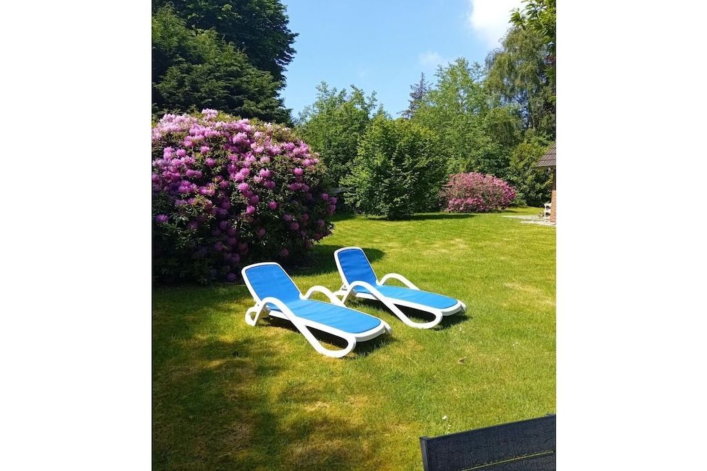 A garden with two blue lounge chairs on a lawn.