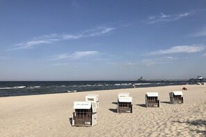 Strandstühle am Strand mit Nummern, klarer Himmel und das Meer im Hintergrund.