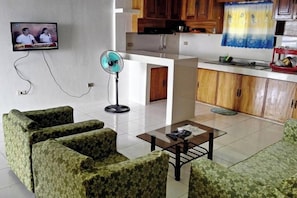 Una sala de estar con televisor, ventilador y muebles con diseño.