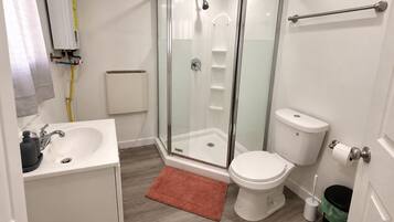 A bathroom with a glass-enclosed shower, a white sink, and a toilet.