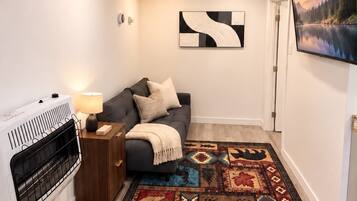 Ein modernes Wohnzimmer mit Kamin, einer Couch, einem gemusterten Teppich und einem Bild an der Wand.
