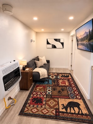 A modern living room with a fireplace, a sofa, a patterned rug, and a painting on the wall.