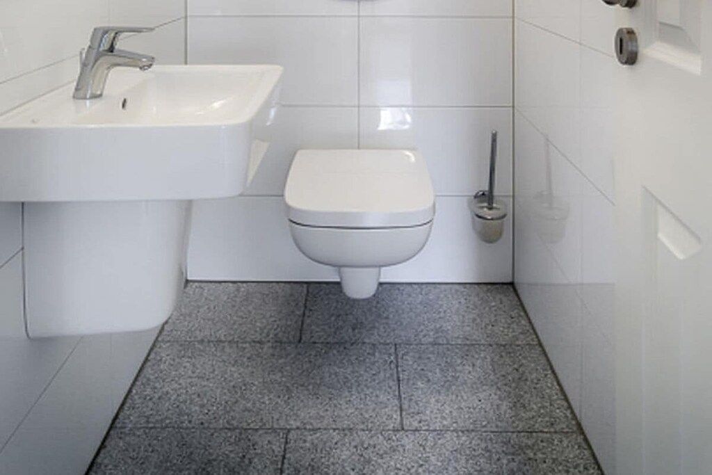 Kylpyhuone, jossa on valkoinen pesuallas, wc-istuin ja wc-harja.