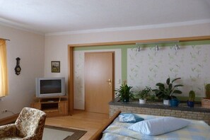 A room with a bed, a television on a stand, a door, and a plant shelf. - Holiday apartment with 2 bedrooms (Dessau-Roßlau)