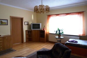 A living room with a television, a sofa, a small table, a potted plant, and a window with curtains. - Holiday apartment with 2 bedrooms (Dessau-Roßlau)