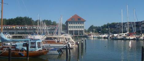 A marina with boats docked, a building with a red roof, and a clear sky.