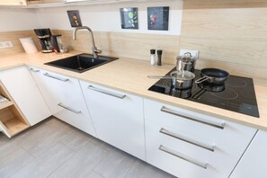 A modern kitchen with a black induction cooktop, a stainless steel sink, and white cabinetry. - Bad Kösen Wine Quarter (Naumburg)
