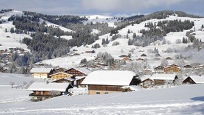 A snow-covered village with wooden houses and a mountainous backdrop.