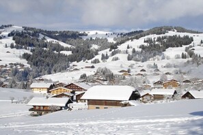A snow-covered village with wooden houses and a mountainous backdrop.