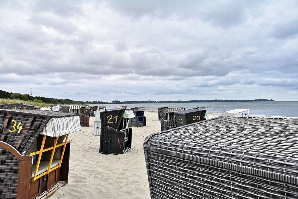 A beachside row of numbered beach huts with a view of the sea.