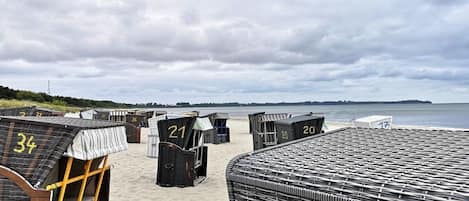 A beachside row of numbered beach huts with a view of the sea.
