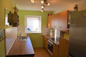 A compact kitchen with a window, wooden cabinets, a stainless steel refrigerator, and a built-in oven. - House Sunshine - Apartment Sun Greeting - Ground Floor (HERMAGOR-PRESSEGGER SEE)